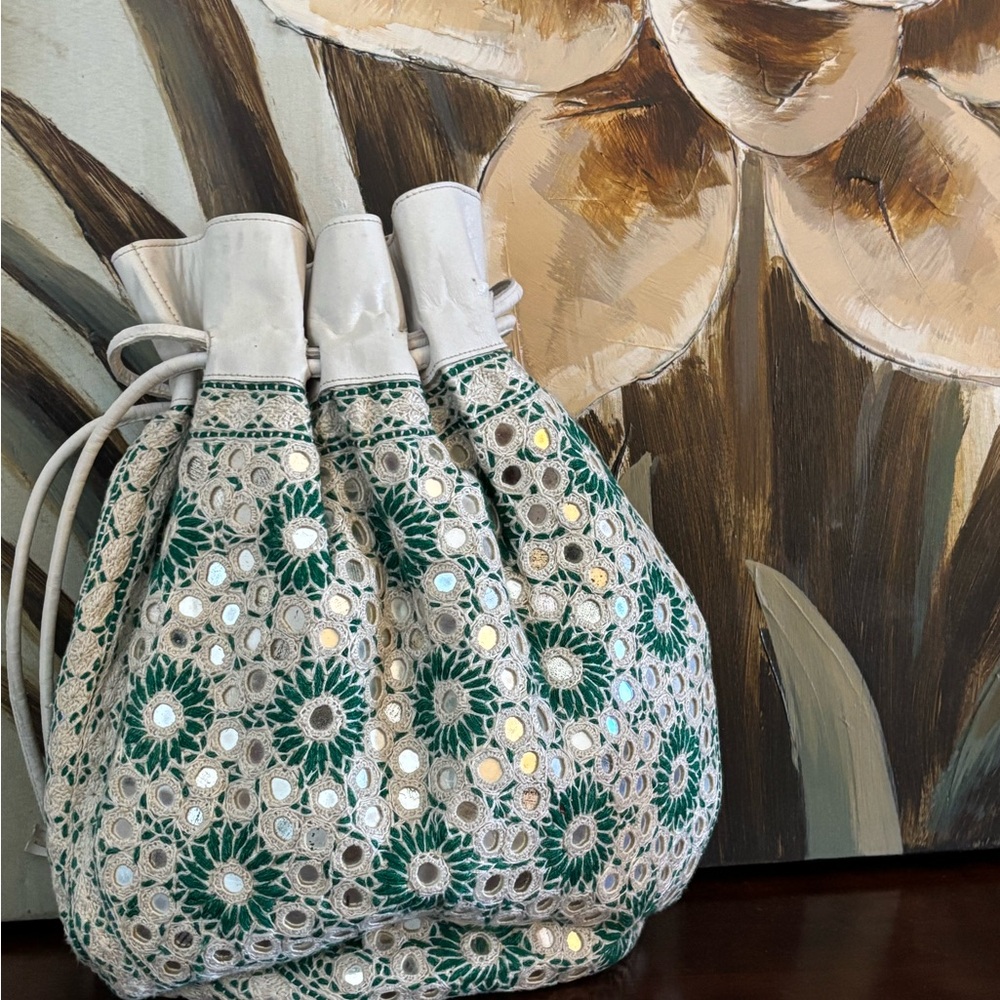 Leather and Crochet Drawstring Hobo Bag in Cream and Green - Picture 11 of 12